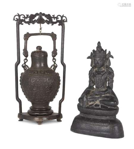 A Chinese bronze archaistic hanging vase and cover and a bro...