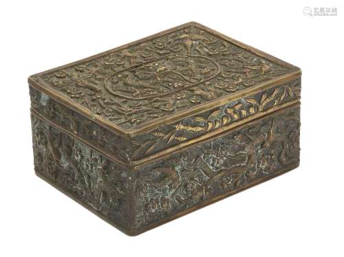 A Chinese brass 'birds and prunus' box and cover