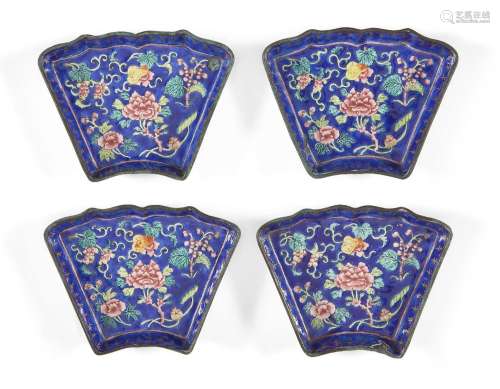 A set of four Chinese Canton enamel fan dishes