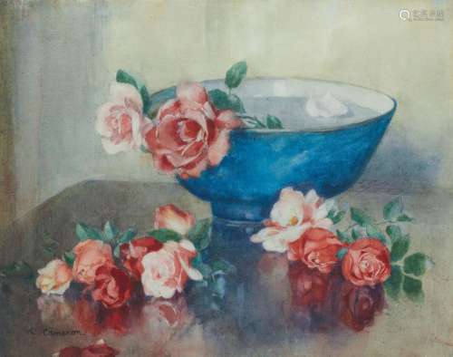 Katherine Cameron RSW RE (British, 1874-1965) Roses and blue...