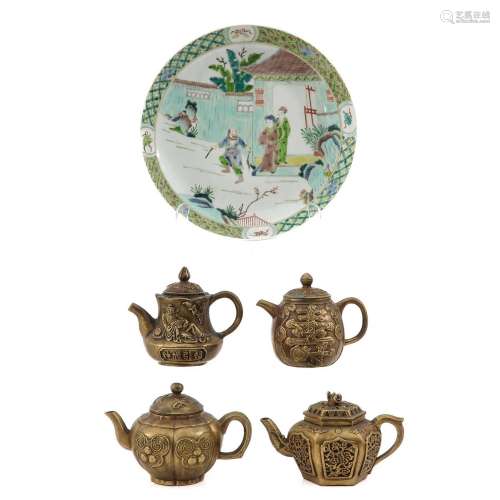 A Famile Verte Plate and 4 Bronze Teapots