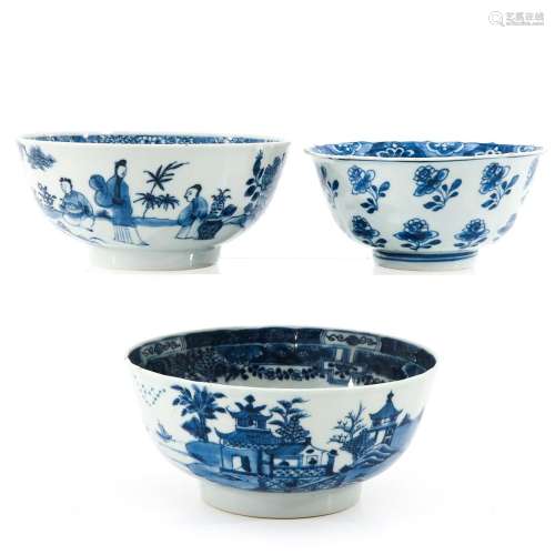 A Collection of 3 Blue and White Bowls