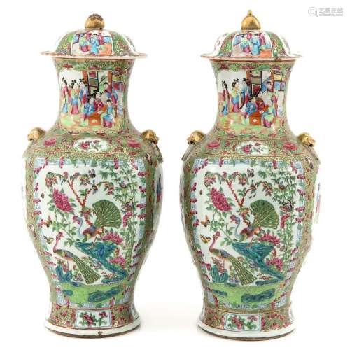 A Pair of Cantonese Vases with Covers
