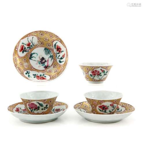 A Series of 3 Famille Rose Cups and Saucers