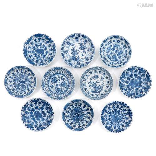 A Series of 10 Small Blue and White Plates