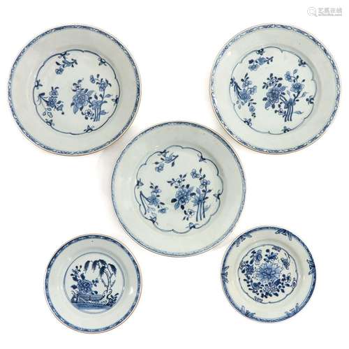 A Collection of 5 Blue and White Plates