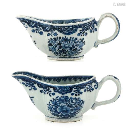 A Lot of 2 Blue and White Gravy Boats