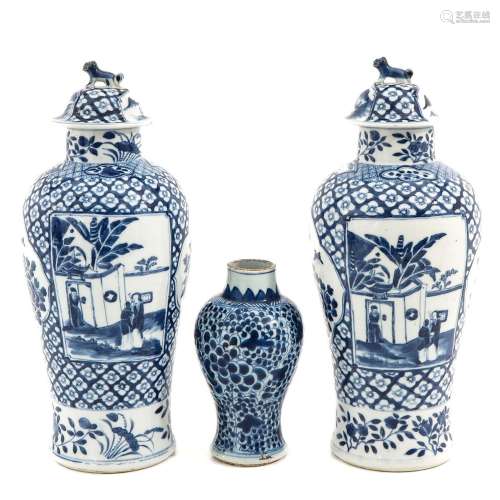 A Collection of 3 Blue and White Vases