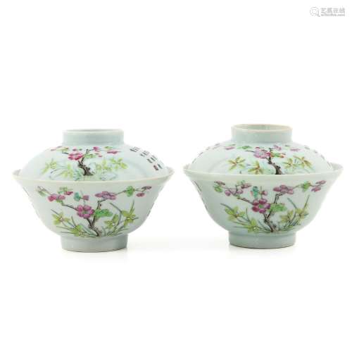 A Pair of Famille Rose Bowls with Covers
