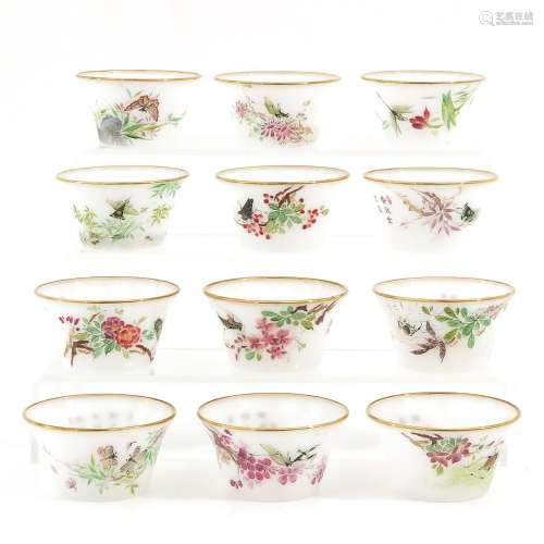 A Series of 12 Painted Glass Cups