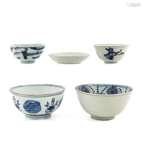 A Collection of 5 Blue and White Bowls