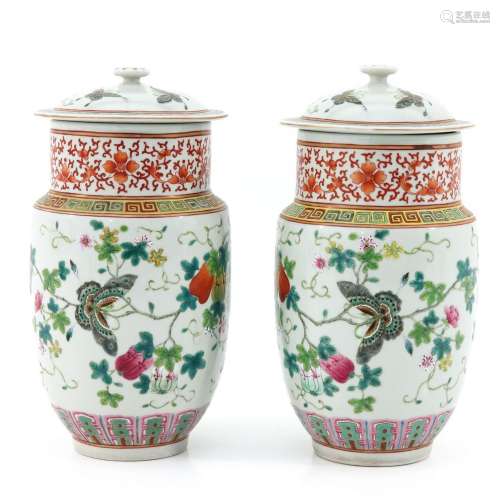 A Pair of Famille Rose Jars with Covers