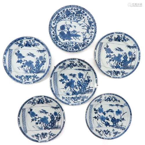 A Collection of 6 Blue and White Plates