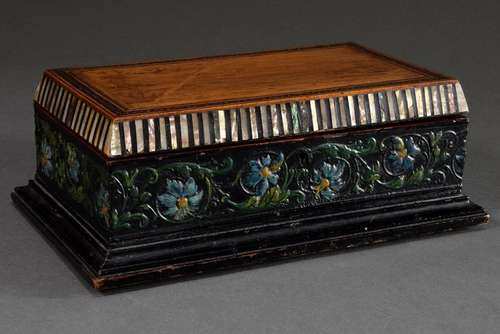 Angular Historism wooden casket with floral frieze inlaid mo...