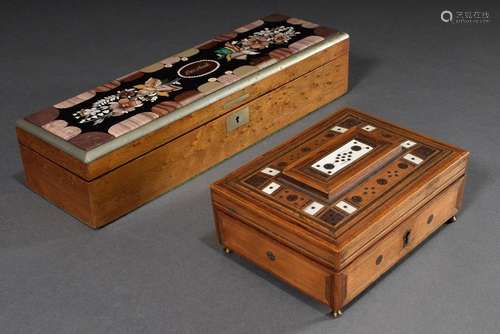 2 Various pieces: angular wooden sewing box with graphic met...