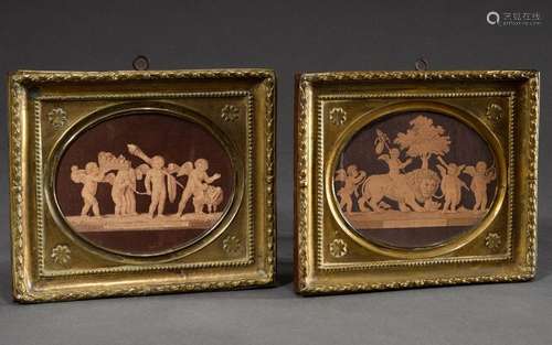 Pair of stamped Empire brass frames with fabric prints "...