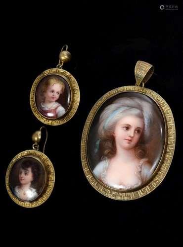 3 pieces Historism demiparure with porcelain miniatures &quo...