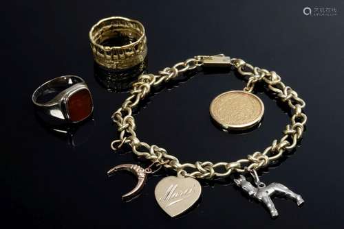 3 Miscellaneous pieces of jewellery: YG 585 charm bracelet w...