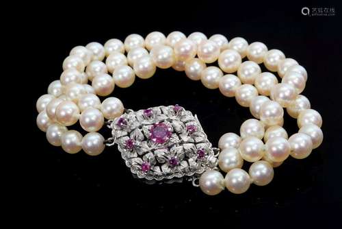 Three row Akoya cultured pearl bracelet with WG 750 ruby cla...