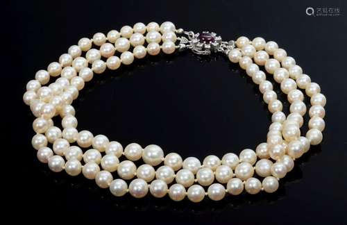 Three row Akoya cultured pearl necklace on a WG 585 clasp wi...