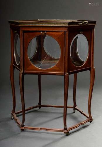 Hexagonal wooden tea table with removable tray on curved leg...