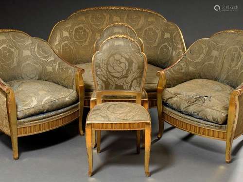 French Art Deco suite with gilded and floral carved frames a...