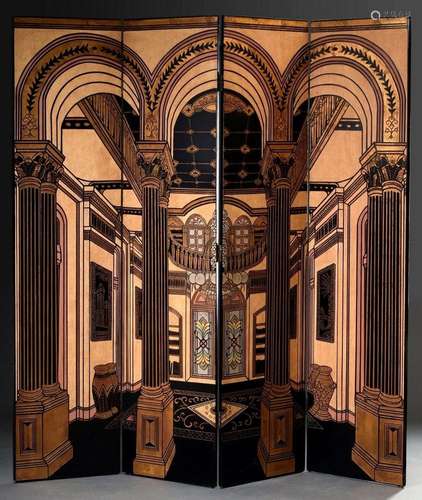 Four-part screen in Art Deco style with "interior depic...