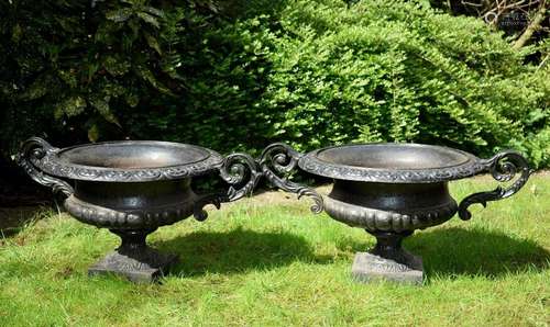 Pair of large garden vases with fluted body and projecting h...