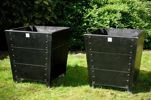 Pair of large square-conical planters black lacquered wood