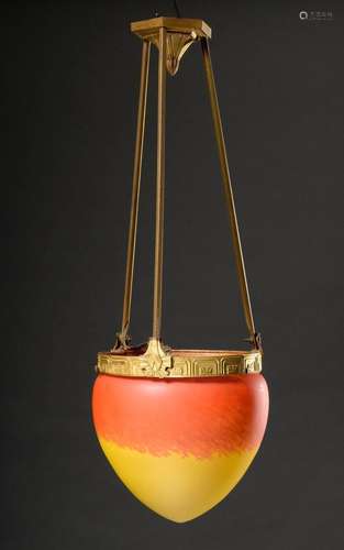 Art Deco hanging lamp with gilded brass frame and coloured d...