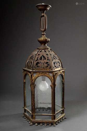 Octagonal historicism light with ornamental bronze frame and...