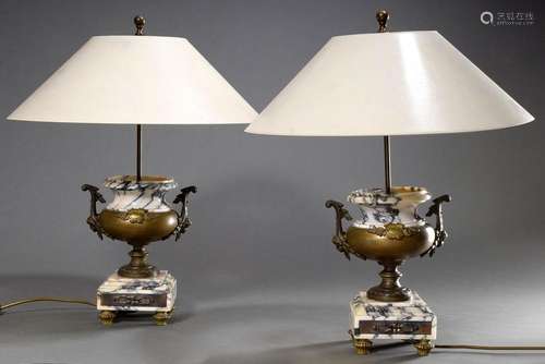 Pair of Historism marble lamps with vase feet and floral bro...