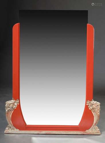 Large art deco red lacquer mirror with carved silvered flora...