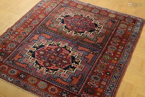 Unusual square-shaped Kazak two rectangular fields with gül-...