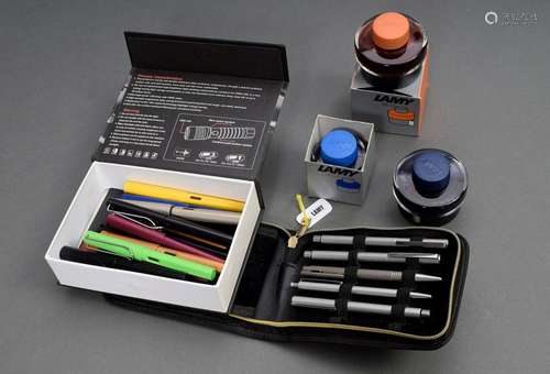 22 Lamy writing instruments in leather case or box: 16 fount...