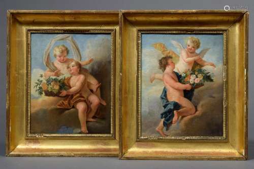 Pair of allegorical depictions "Putti with flower and f...