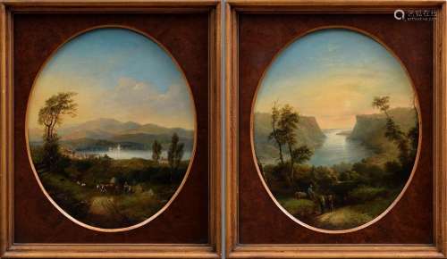 Pair of "River Landscape with Shepherds and Herd" ...