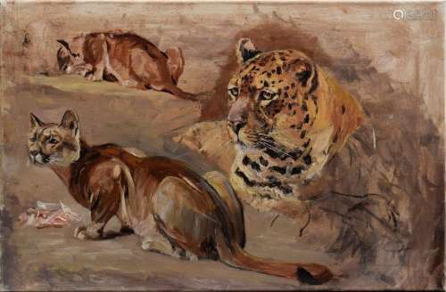 Lorenz Willy (1901-1981) "Two feeding pumas and lying l...