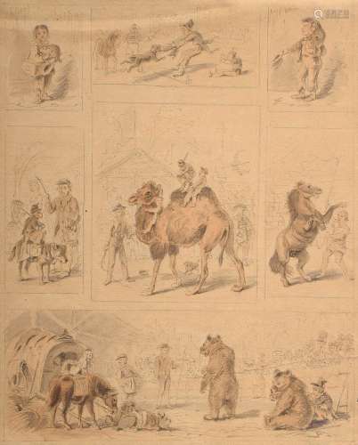 Unknown artist of the 19th c. "Circus scenes" ink ...
