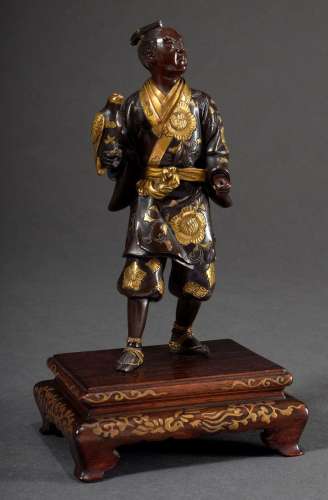 Japanese bronze "Standing man with falcon" red bro...