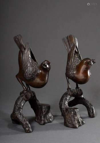 Pair of Japanese bronze incense burners "Birds on Branc...