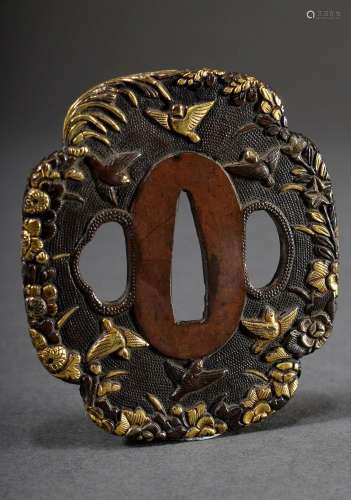Bronze tsuba with gold inlays "birds and blossoms"...