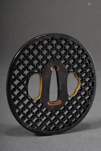 Ornamental openwork bronze tsuba with gold inlay Japan