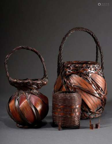 3 Various Japanese baskets with reddish patination: 2 variou...