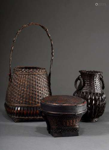 3 Various Japanese and East Asian baskets in dark patination...