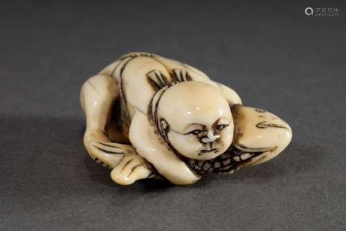 Ivory netsuke "Boy holding a fish in his arms" Jap...
