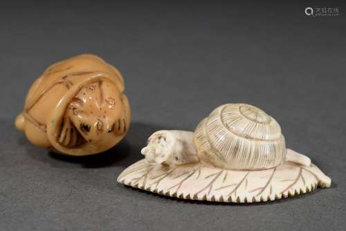 2 Various netsukes: bone "snail on leaf" (h. 15cm)...