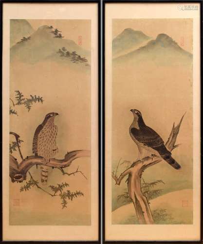 Pair of Japanese scrolls "Birds of Prey" watercolo...