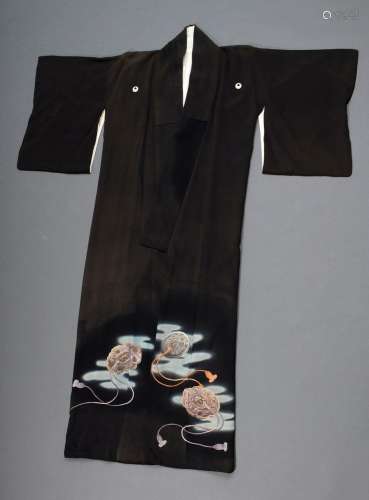 Black men's kimono with colourful print decoration and embro...