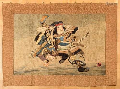 Embroidered wall hanging "Fighting Samurai" with p...